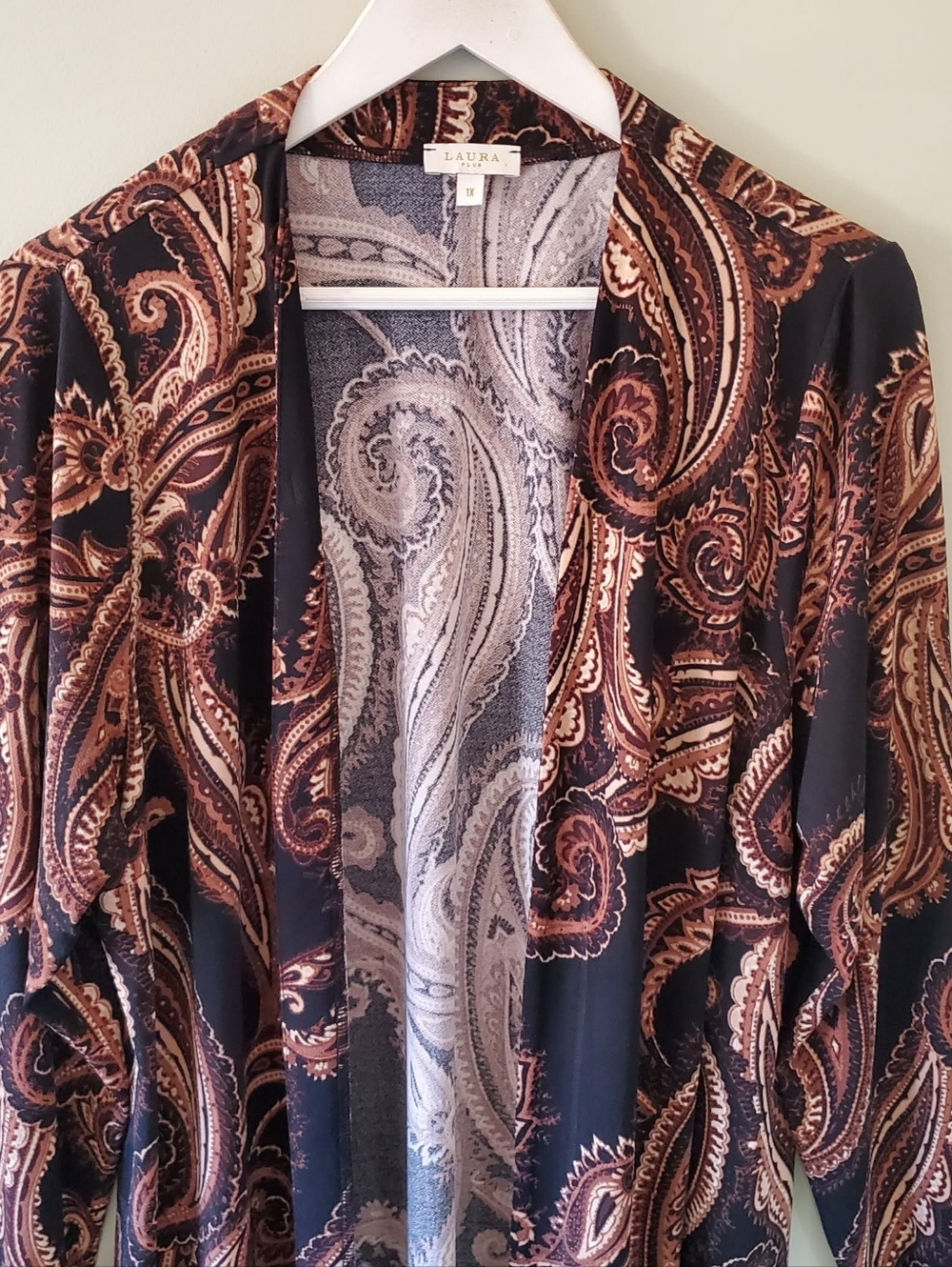 Laura 1X Modern Bohemian Hippie Resortwear Earthy Paisley Silk Knit Long Kimono - Picture 6 of 12